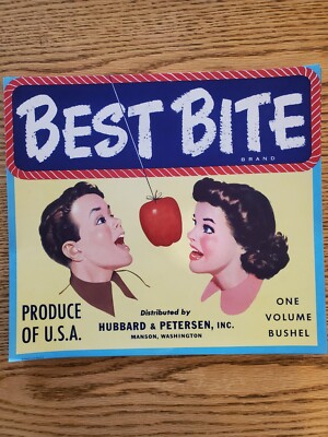 HOT BUY! ORIGINAL BEST BITE APPLE WOOD CRATE LABEL Hubbard & Peterson Manson