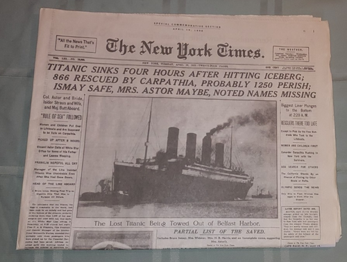 Titular de periódico RMS Titanic Sinks New York Times 16 de abril de 1912 repro EX - Imagen 4 de 8