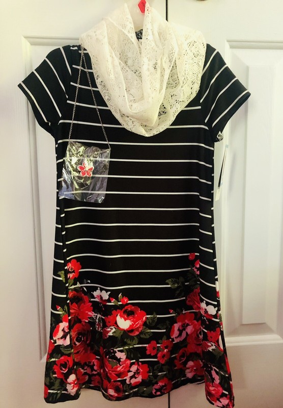 Pink Violet girls dress 6-6x Floral Roses Striped Pink Necklace Lace Scarf
