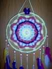 Hand crafted crochet dream catcher, yellow, purple, white. 13" x 26" — photo 2