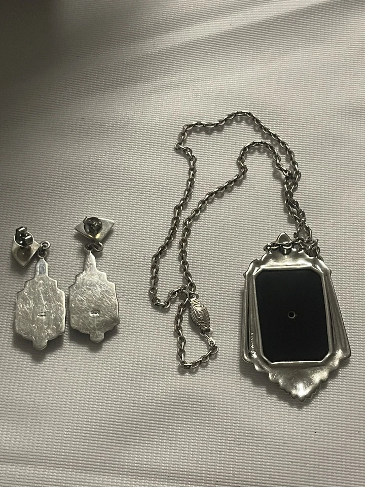 Vintage Onyx Marcasite Earrings And Necklace, Sterling Silver, Art Deco Set - Image 3 of 4