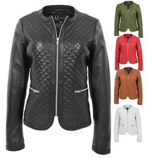 Womens Leather Jacket Collarless Cross Stitch Design Black Olive Red Tan White