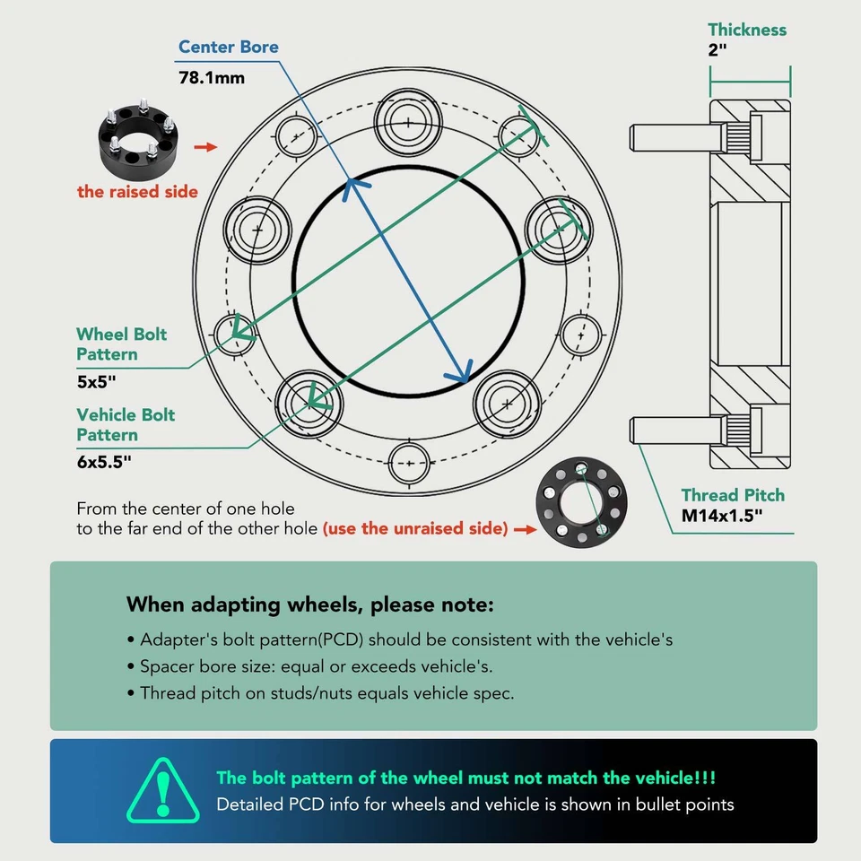 4x Adaptadores de rueda de 6x5,5"" a 5x5"" 14x1,5" 78,1 mm 2" para Chevrolet Cadillac GMC Foto 3 de 4