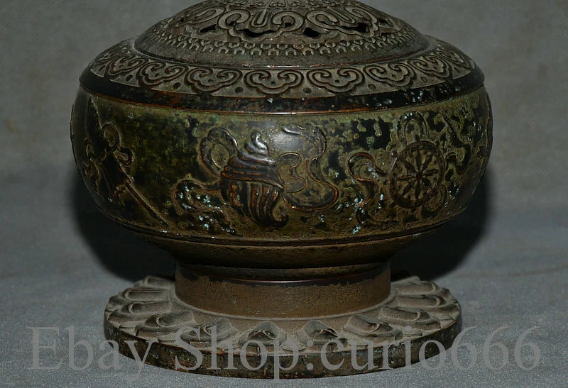 Quemador de incienso dragón ocho tesoros bronce púrpura chino antiguo marcado 7" Foto 3 de 4