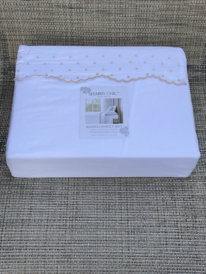 Shabby Chic White Cotton Enbroidered Scallop Dot Natural QUEEN Sheet Set 4pc - Image 4 of 4