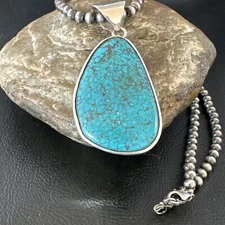 Men Women Navajo Sterling Silver Blue Spiderweb Turquoise Necklace Pendant 16204