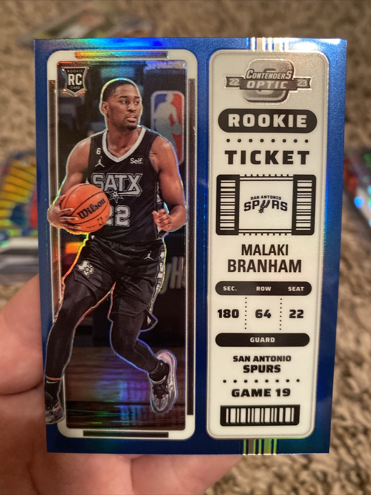 2022-23 Contenders Optic Malaki Branham Blue Prizm RC Rookie Ticket #/99 Spurs