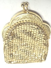 Vintage Mesh Metal Gold Tone Coin Purse- Kiss Clasp w/Floral Frame- Lined