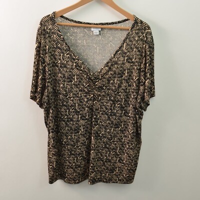 Jaclyn Smith Blouse Womens 2X Ruched Stretch V-Neck Short Sleeve Black Beige