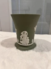Wedgwood Sage Green Jasperware Small Flared Vase –White Relief Classical Figures