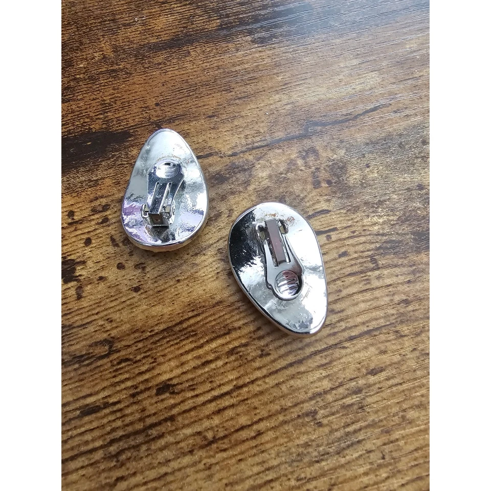 Vintage Statement Piece Clip On Earrings Bronze Color Stone Rhinestone Border  - Image 2 of 3