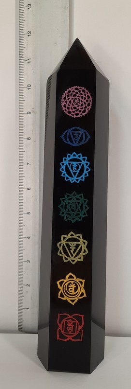 Obsidian Tower with Chakra symbols 12" tall, big statement piece USA