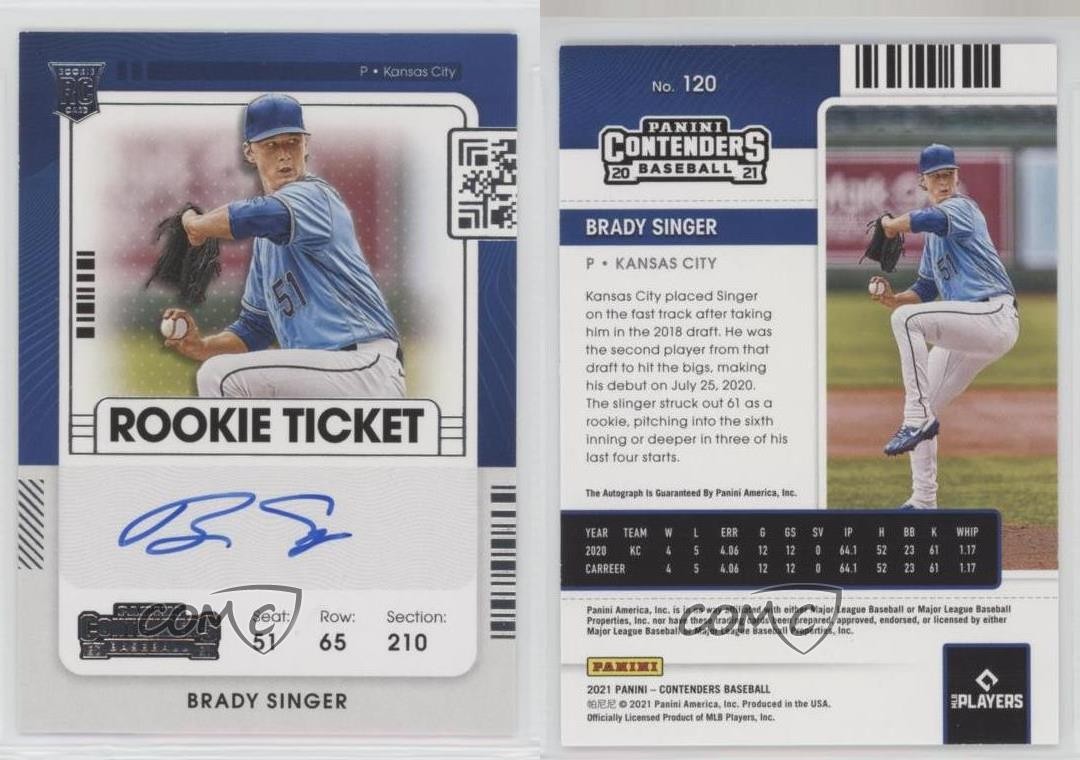 2021 Panini Contenders Rookie Ticket Brady Singer #120 Rookie Auto RC qf8 view 3