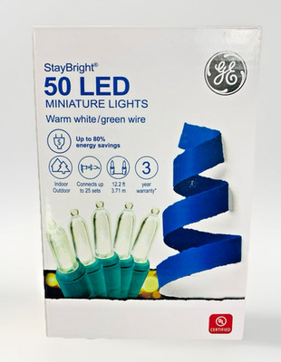 GE StayBright WARM White Mini LED Light String 50 Count GREEN Wire Christmas