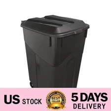 45 Gallon Wheeled Heavy Duty Plastic Garbage Can, Attached Lid, Black