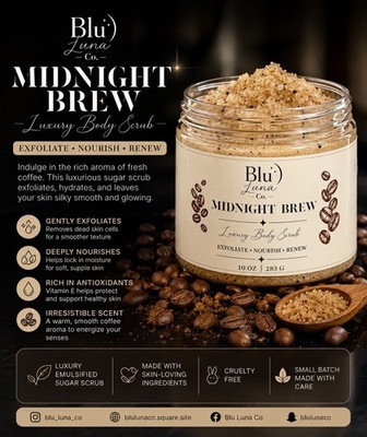 Blu Luna Co. Midnight Brew Coffee Body Scrub Cruelty-Free Exfoliating 10 oz