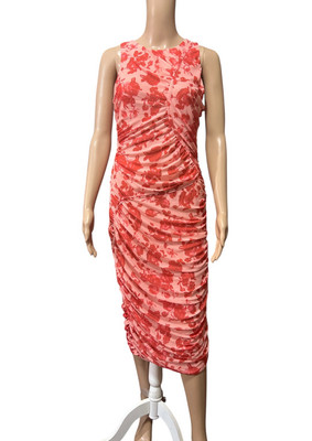 knee length dresses for ladies Red Ruched Mesh Bardot Midi Dress main image 0