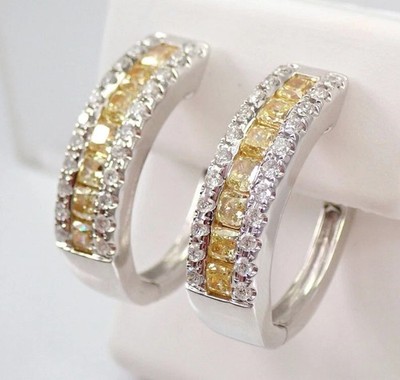 3Ct Cushion Lab-Created Yellow Canary Diamond Hoop Earring 14K White Gold Finish