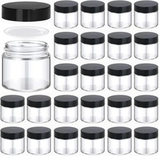 24 Pack 2 Oz round Clear Glass Cosmetic Jars with Inner Liners and Black Lids, T