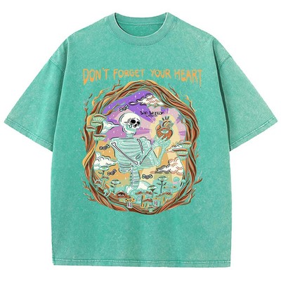 Retro Skeleton Holding Heart T-Shirt   Washed Cotton Unisex Tee S 2XL