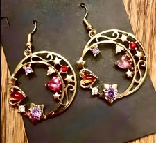 Beautiful Dancing Hearts & Stars Rhinestone Crescent Moon Earrings