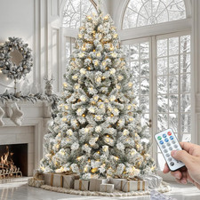 Prelit Snow Flocked Artificial Full Christmas Tree 7.5Ft with Remote Control, Ch