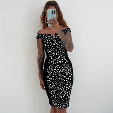 Ladies Quiz Bodycon Dress Black White Knee Length Bardot Stretch Size 8