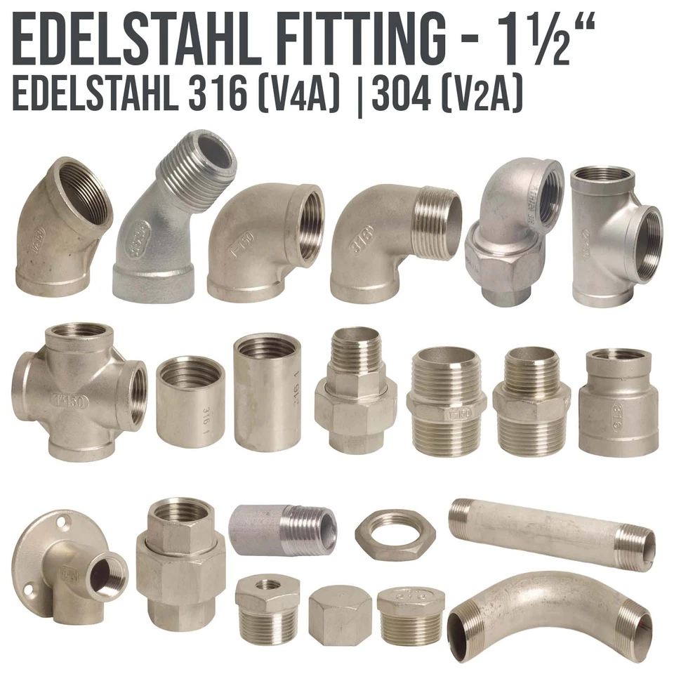 DEINSCHLAUCH24 Edelstahl Fitting Fittings Gewinde Nippel Winkel Bogen Muffe V4A 316 - 1 1/2"