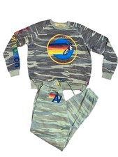 EUC Aviator Nation Camo Malibu Crew Sweatshirt Joggers Set Travel Large