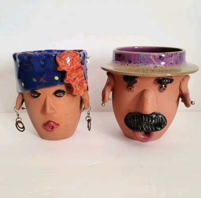 Vintage Bird Brain Inc ''Lola'' & ''Louie'' Terracotta Head Planter Vase 2005 4.5''