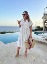 Oak & Trellis White Tiered Shirt Dress 1X Plus Size Resort Chic Coastal New With