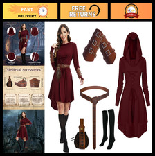 Vintage Medieval Hooded Robe Dress for Women - Renaissance Costume, Lace-Up Cloa