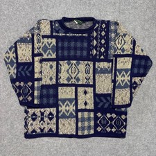 Vintage Dana Scott Patchwork Geometric Knit Sweater Navy Blue Large Made in USA