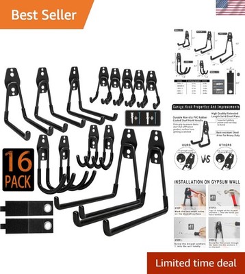 16 Pack Heavy Duty Steel Garage Hooks with Anti-Slip Coating - 88 lbs Capacity