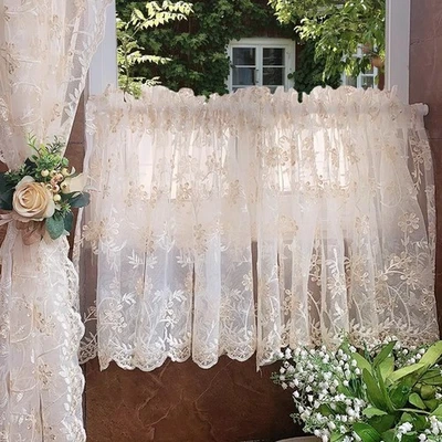 1xLace Durchsichtig Kurz Vorhang Schrank Fenster Drapiert Blumen Bestickt Tür - Bild 1 von 4