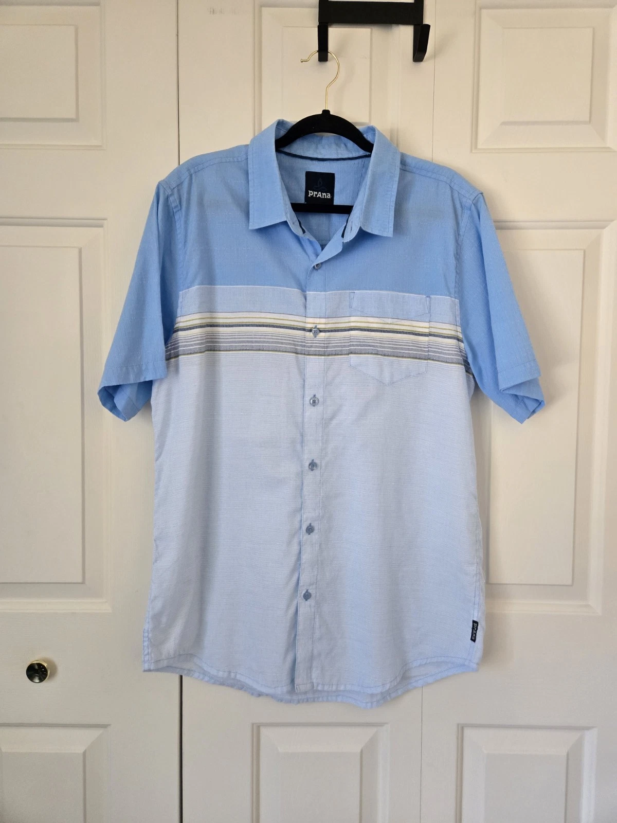 Prana Mens Casual Button Up Blue Multi-colored Short Sleeve Shirt Size XL