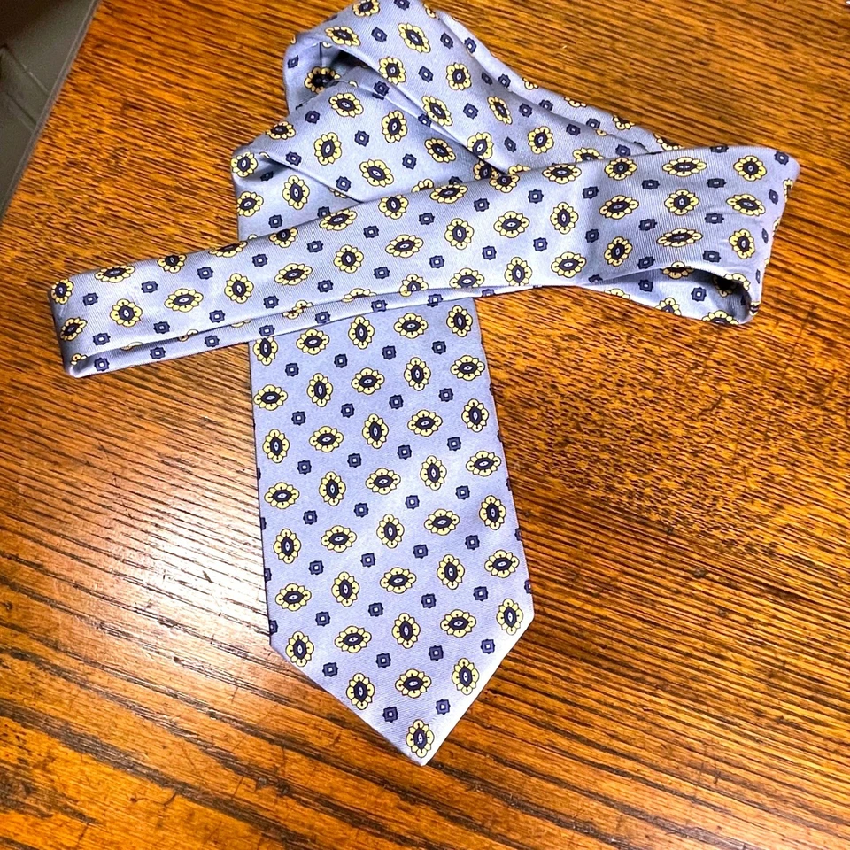 Corbata ejecutiva Lands End para hombre azul claro amarillo medallón seda preppy clásica Foto 3 de 4