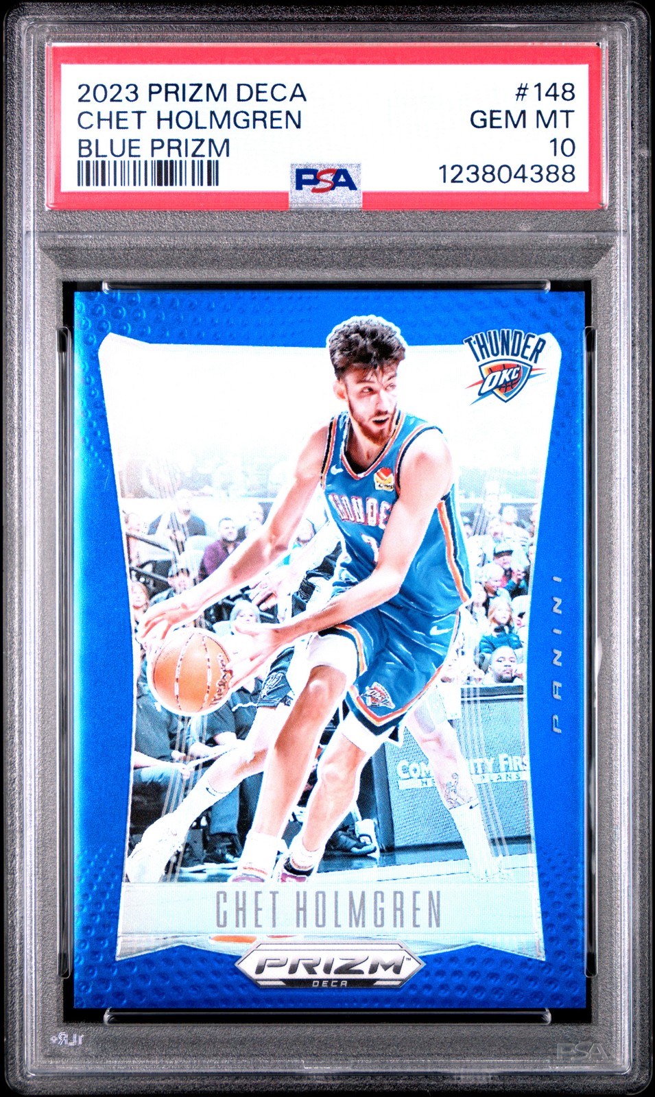 2023 PANINI PRIZM DECA BLUE PRIZM #148 CHET HOLMGREN 129/149 PSA 10