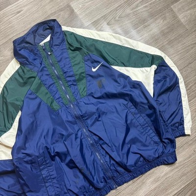 Vtg 90s Nike Athletic Blue White Green Center Swoosh Windbreaker Track Jacket L