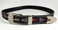 Womens Black Embroidered Red Yellow Blue Aztec Southwestern Belt 36" x 1"