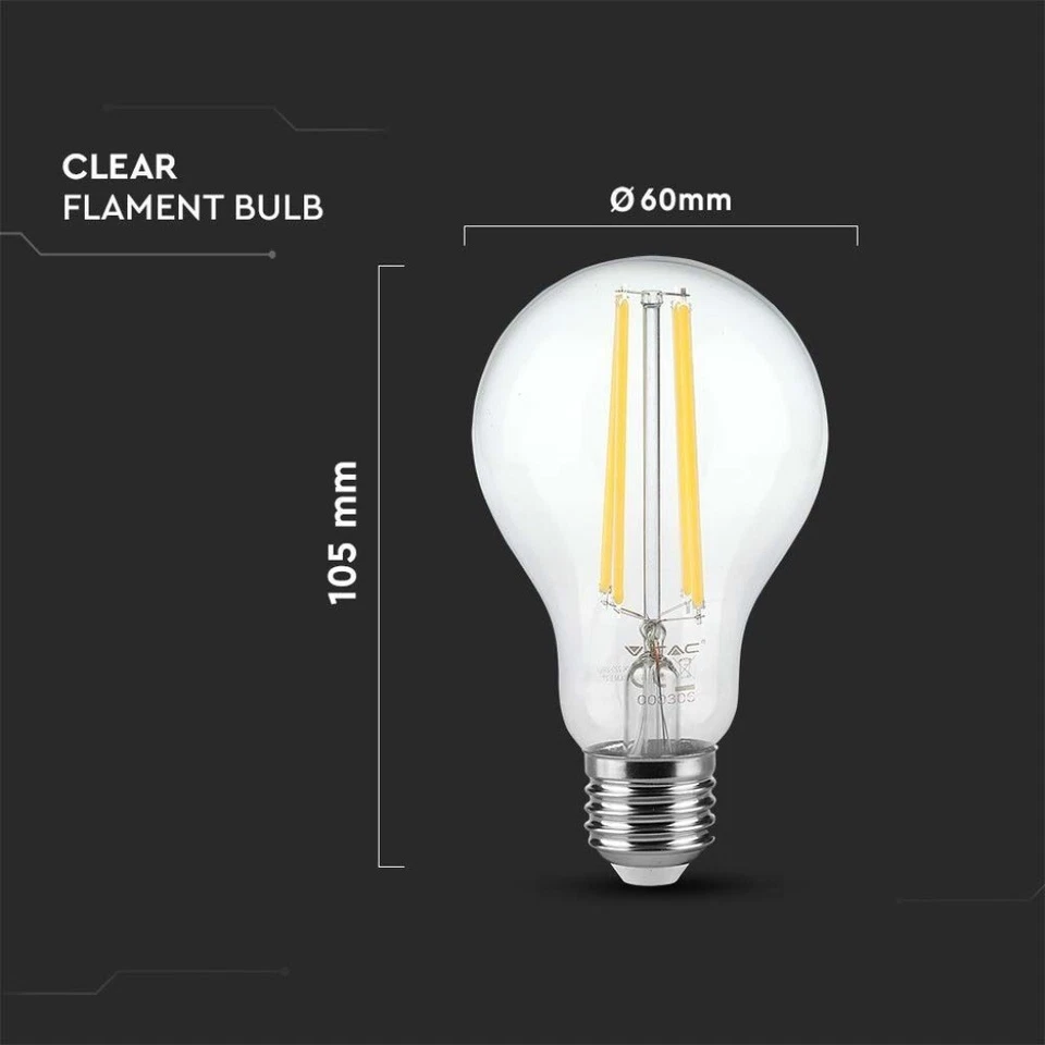 V-TAC LAMPADINA LED E27 12W BULBO A60 GOCCIA FILAMENTO VETRO TRASPARENTE - Immagine 4 di 4