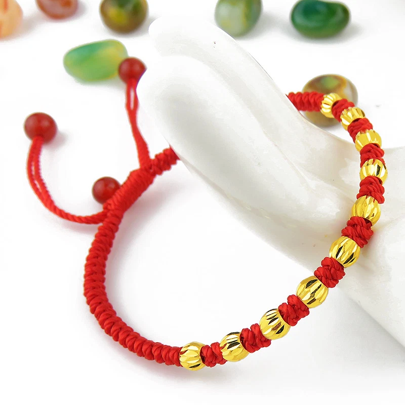 Brazalete tejido rojo con cuentas de oro amarillo puro de 24 quilates de 10 piezas de longitud de 16 cm Foto 2 de 4