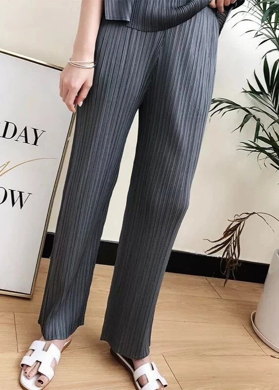 Pleats Please Issey Miyake Fabric Pleated Pants, Pleated Casual Plain Trouser
