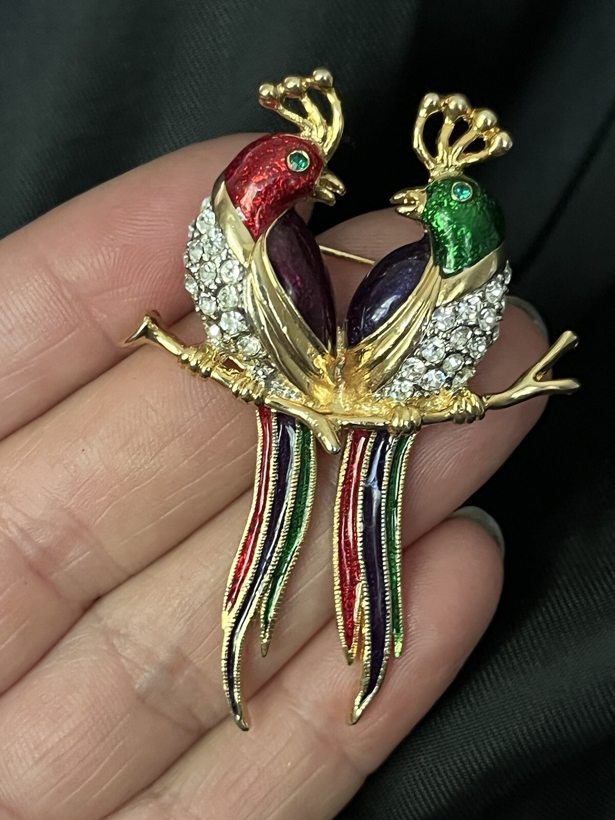 Vintage Huge Quetzal Bird Brooch, Enamel Rhinestone Statement Pin