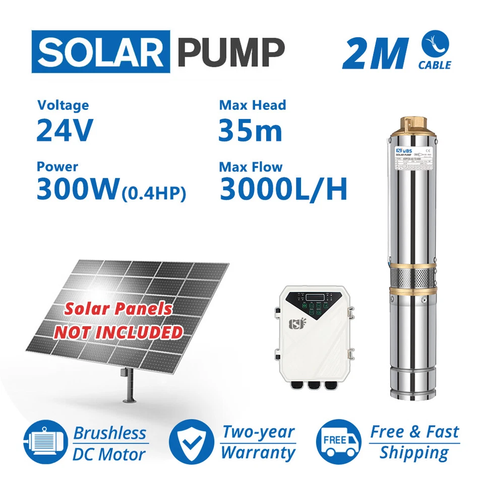 3" DC Solar Powerd Water Bore Pump 24V 300W Deep Well Submersible Fountain Pond