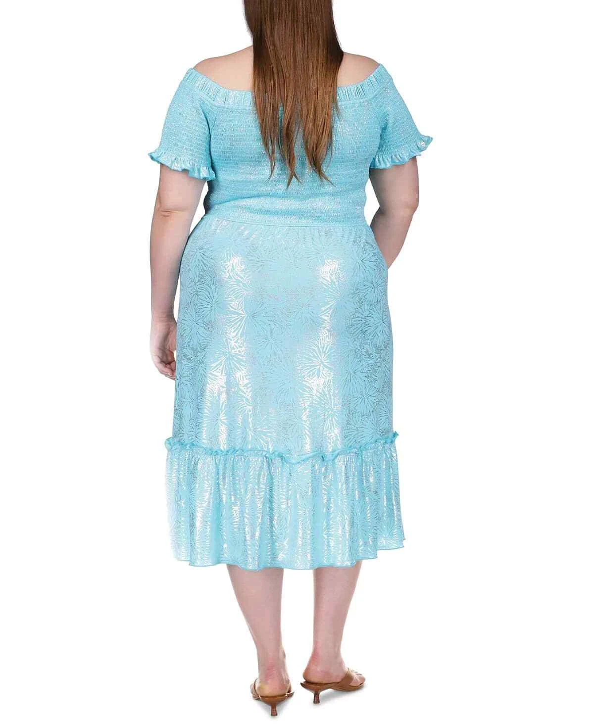 Abito Midi MICHAEL Michael Kors donna taglie forti blu metallizzato smocked 1X...