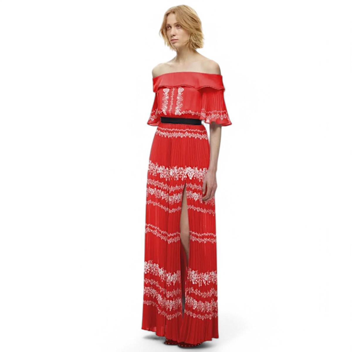 Self Portrait Maxi Off Shoulder Pleated Maxi Dress Size 0 Red High Slit NWOT