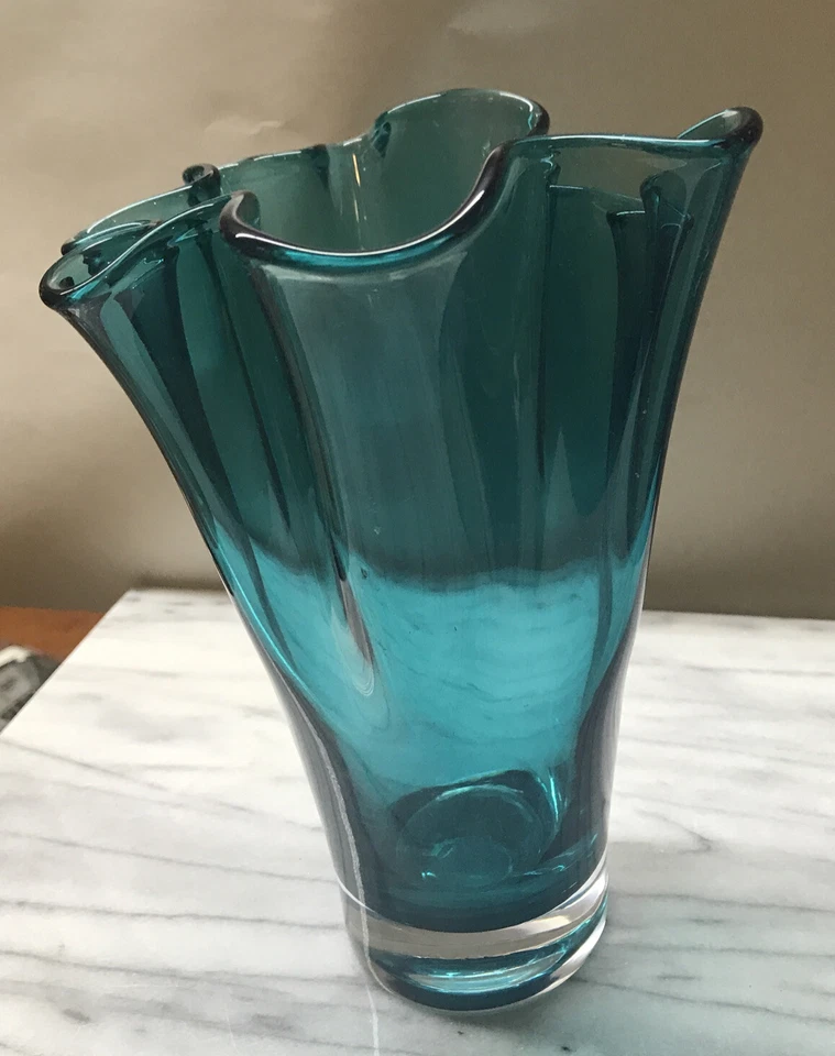 Collector Lenox Organics 荷叶边艺术花瓶 8.5 英寸绿松石青绿色水晶波兰 — 第 4/4 张图片