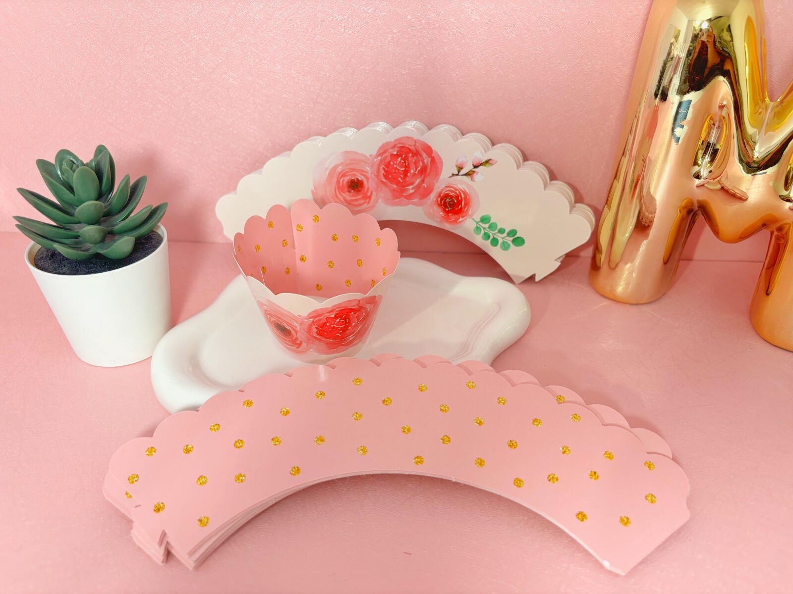 50pc Cupcake wrappers pink flowers reversible-image