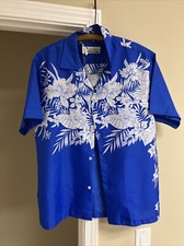 VINTAGE Shoreline Hawaiian Shirt Mens M Poly Blue Aloha Floral Made in Hawaii